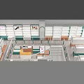 Modern Specialty Store Interior With Green Shelves Display Counters And Hanging Signs
