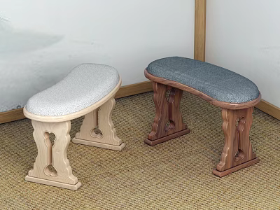 Wooden Side Tables With Light And Dark Upholstered Seats And Carved Frames On Carpeted Floor 3d model