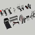 Different Types of Sports Equipment Including Dumbbell Racks Exercise Benches Elliptical and Rowing Machines