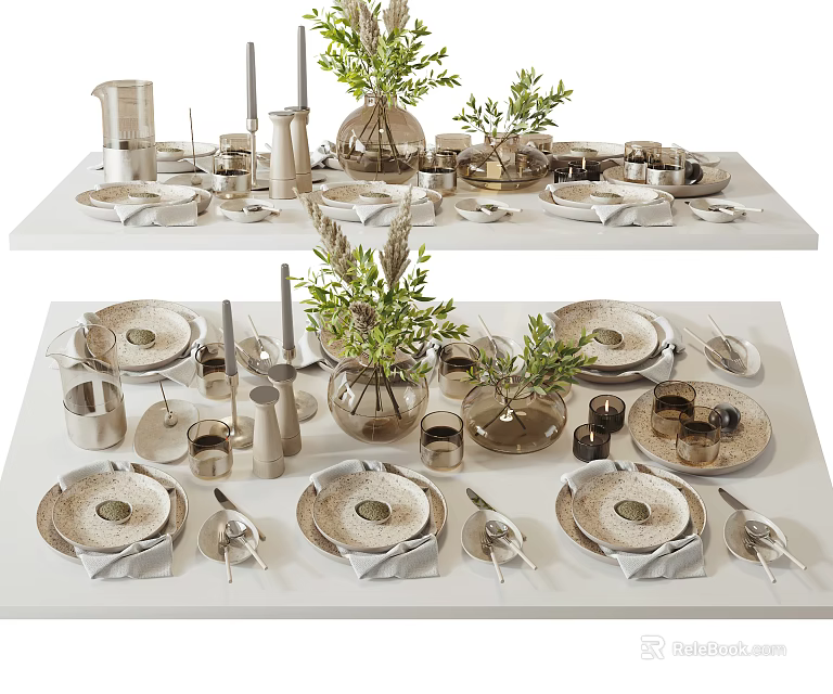 Elegant Modern Dinnerware Set with Plates Cups Vases and Green Plants on Table 3d model 