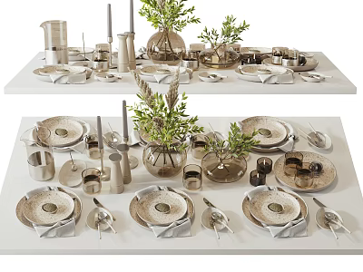 Elegant Modern Dinnerware Set with Plates Cups Vases and Green Plants on Table 3d model
