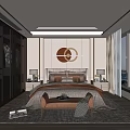 Modern Luxury Bedroom Interior With Large Windows Wardrobe Round Decorative Painting Nightstands And Bench