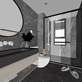 Modern Gray Bathroom Interior Design With Round Mirror Ring Light And Glass Shower