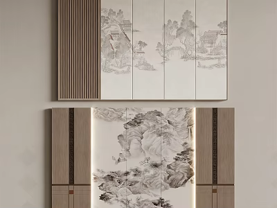 Modern Chinese TV Background Wall Design With Landscape Painting And Wooden Panels 3d model