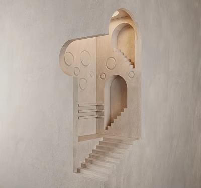 Modern Geometric Wall Lamp With Carved Circular Patterns And Stepped Structure On Gray Wall 3d model