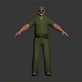 A Man in Green Uniform With Hat Sunglasses and Arms Outstretched Against Dark Background