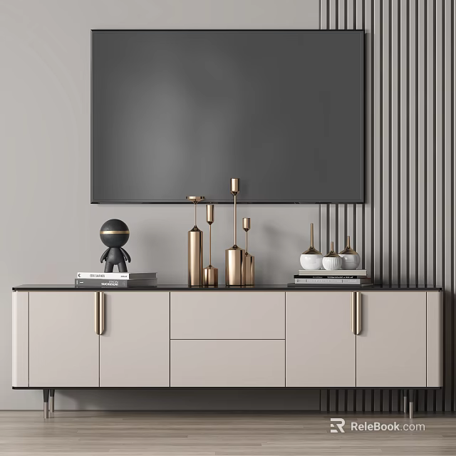 Modern Beige TV Stand With Golden Handles And Decorative Items On Top 3d model 