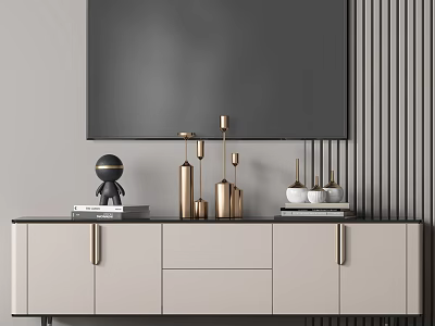 Modern Beige TV Stand With Golden Handles And Decorative Items On Top 3d model