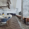 Elegant Modern Restaurant Interior With Large Windows Herringbone Wooden Flooring And Blue Chairs