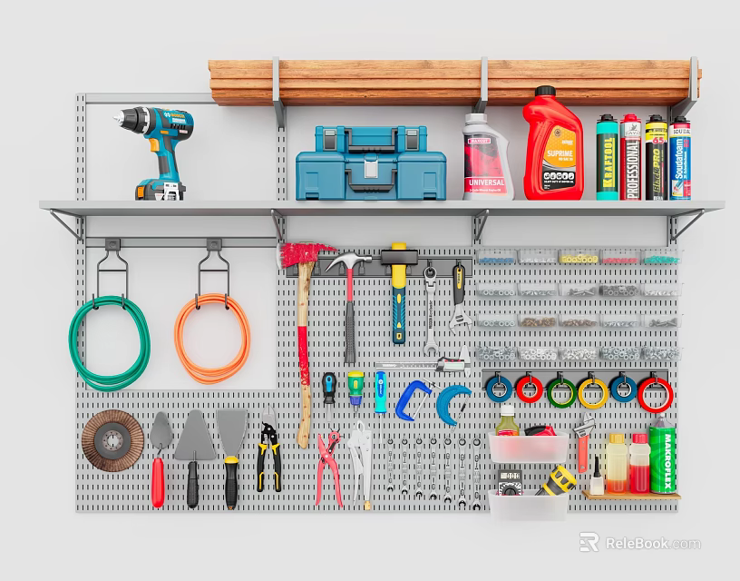 Organized Hardware Tools on Pegboard Shelf With Drill Toolbox Hammers Wrenches Pliers and Oils 3d model 