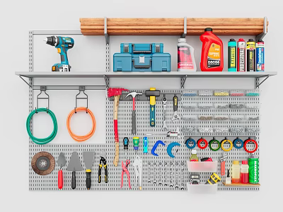 Organized Hardware Tools on Pegboard Shelf With Drill Toolbox Hammers Wrenches Pliers and Oils 3d model
