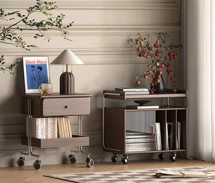 Walnut Wood Side Tables with Wheels Featuring Lamp Books Magazine and Flower Vase 3d model 