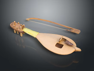Traditional String Musical Instrument With Wooden Body Strings And Bow 3d model