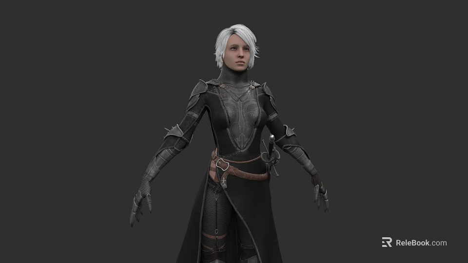 White Haired Woman in Black Armor Silver Accents Brown Belt Dagger Long Robe Gray Background 3d model 
