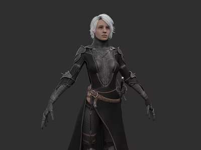 White Haired Woman in Black Armor Silver Accents Brown Belt Dagger Long Robe Gray Background 3d model