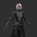 White Haired Woman in Black Armor Silver Accents Brown Belt Dagger Long Robe Gray Background