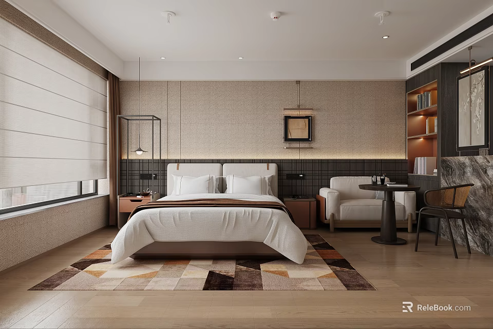 Modern Hotel Guest Room With King Bed Sofa Patterned Rug And Decorative Painting 3d model 