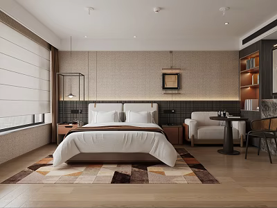 Modern Hotel Guest Room With King Bed Sofa Patterned Rug And Decorative Painting 3d model