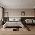 Modern Hotel Guest Room With King Bed Sofa Patterned Rug And Decorative Painting
