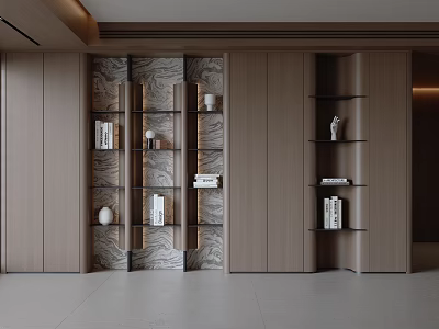 Modern Bookshelf Interior With Wooden Panels Marble Backdrop And Decorative Shelves Displaying Books 3d model