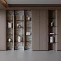 Modern Bookshelf Interior With Wooden Panels Marble Backdrop And Decorative Shelves Displaying Books