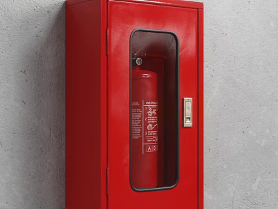 Red Fire Extinguisher Cabinet Mounted On Gray Wall For Safety Equipment Storage 3d model