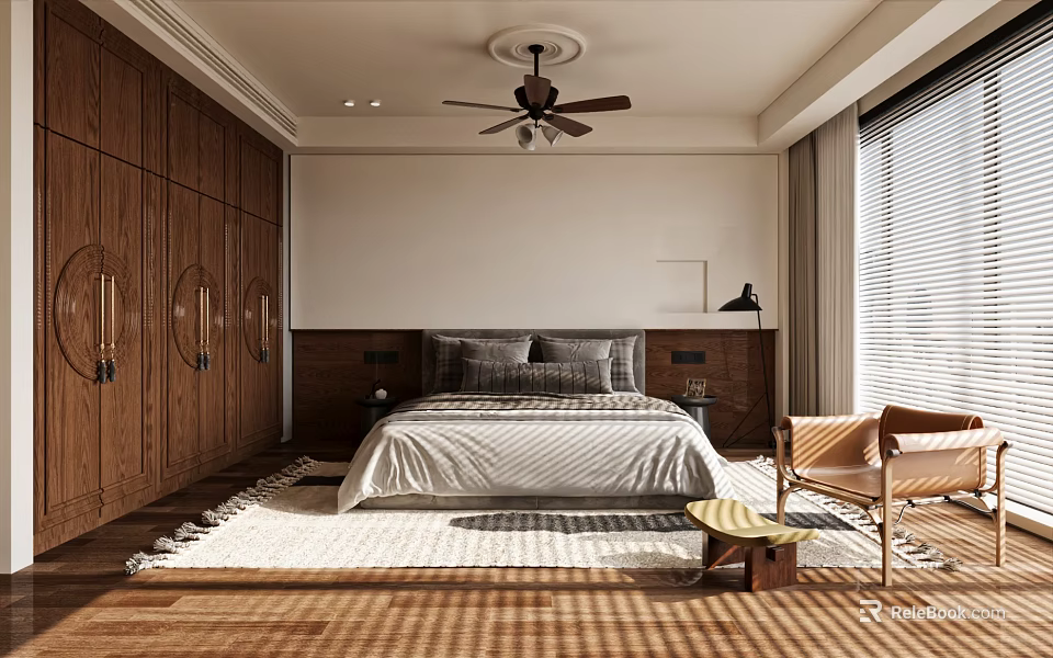 Warm Bedroom Interior With Dark Wooden Wardrobes Gray Bedspread Ceiling Fan Rug And Window Chair 3d model 