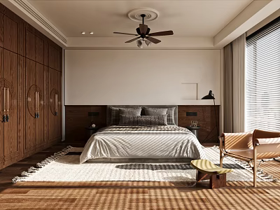Warm Bedroom Interior With Dark Wooden Wardrobes Gray Bedspread Ceiling Fan Rug And Window Chair 3d model