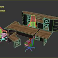 Wooden Office Furniture Set Featuring Large Desk Pink Swivel Chairs And Storage Cabinet