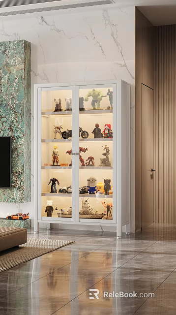 Superhero And Vehicle Models Decorative Figurine Set In Glass Door Display Cabinet With Lighting 3d model 