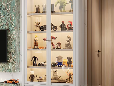 Superhero And Vehicle Models Decorative Figurine Set In Glass Door Display Cabinet With Lighting 3d model