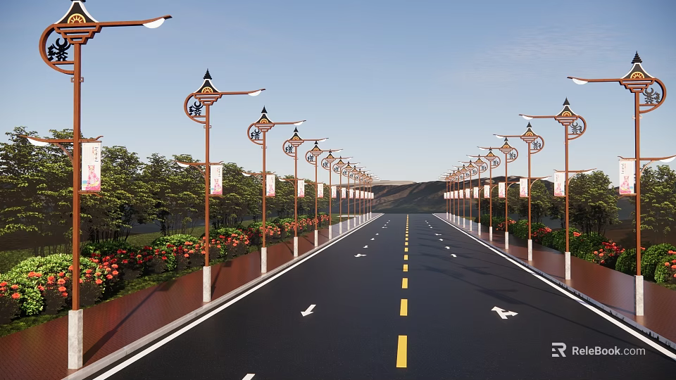 Traditional Style Outdoor Street Lights Along Road With Greenery And Decorative Design 3d model 