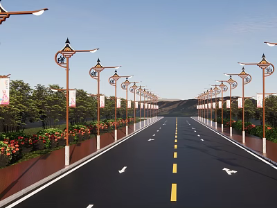 Traditional Style Outdoor Street Lights Along Road With Greenery And Decorative Design 3d model