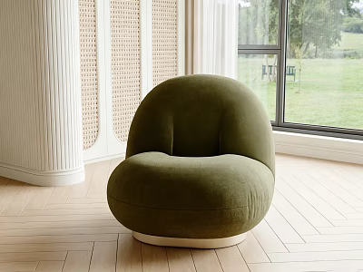 Cozy Green Velvet Single Sofa with Rounded Design in Interior with Wooden Floor and View 3d model