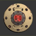 Metal Container With Red Lid Yellow Caution Label Bolts And Rusty Surface On Smooth Surface