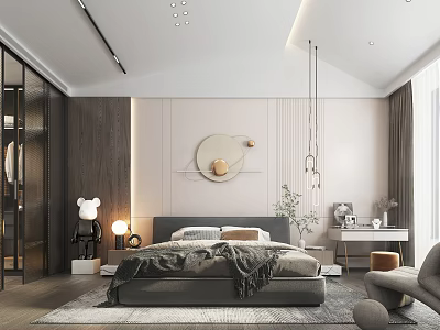 Modern Bedroom Interior with Gray Bed Decorative Painting Pendant Lights Rug and Chair 3d model