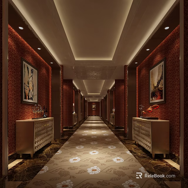 Elegant Elevator Hallway Interior with Red Walls Artwork Cabinets Ceiling Lighting and Patterned Carpet 3d model