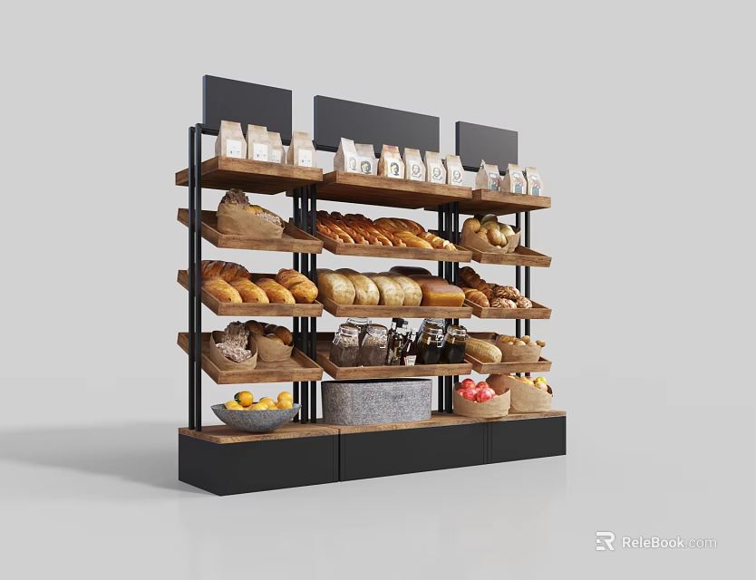 Wooden Multi-layer Retail Display Shelves with Bread Fruits and Bottled Items 3d model 
