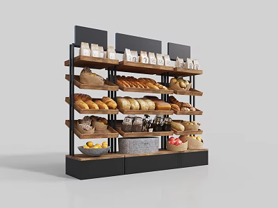 Wooden Multi-layer Retail Display Shelves with Bread Fruits and Bottled Items 3d model