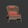 Elegant Rattan Leisure Chair With Comfortable Red Cushion And Sturdy Wooden Legs