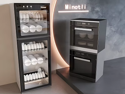 Modern Kitchen Interior With Black Haier Glass Door Cabinet And Minotli Built in Oven 3d model