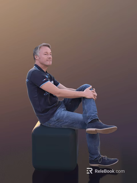 A Man Sitting On A Green Cube Wearing Dark Blue Polo Shirt And Blue Jeans 3d model 