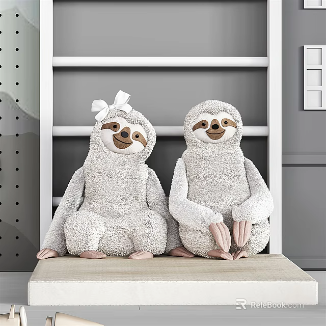 Cute Sloth Stuffed Toys With White Bow Sitting On Shelf 3d model 