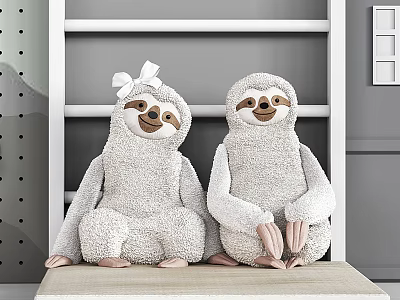 Cute Sloth Stuffed Toys With White Bow Sitting On Shelf 3d model