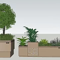 Modern Tree Planter Design With Green Tree Various Plants And Perforated Geometric Details