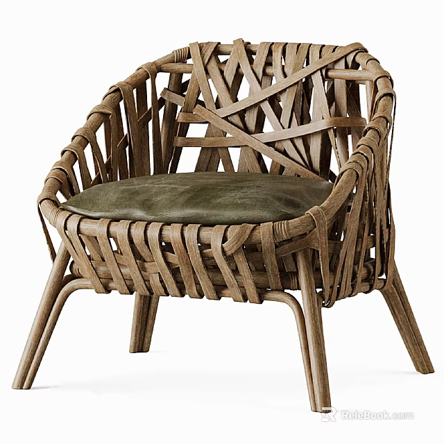 Comfortable Handwoven Wicker Leisure Chair With Green Leather Cushion Design 3d model 