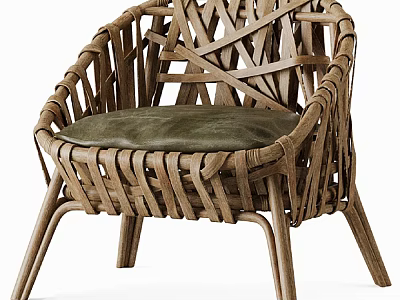 Comfortable Handwoven Wicker Leisure Chair With Green Leather Cushion Design 3d model