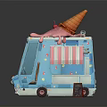 Blue Ice Cream Truck With Large Ice Cream Cone On Top And Menu Sign