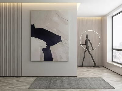 Elegant Modern Interior With Abstract Painting Circle Sculpture And Floor Rug 3d model