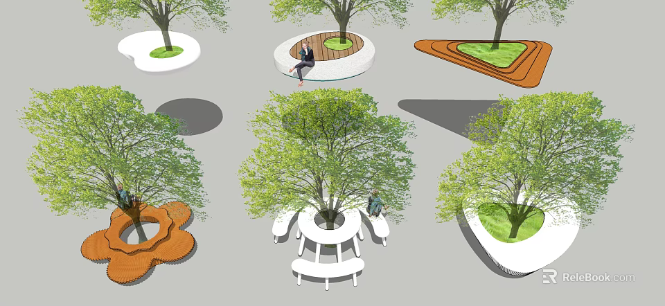 Innovative Tree Pit Design With Circular Wooden Seating And Diverse Shapes 3d model 